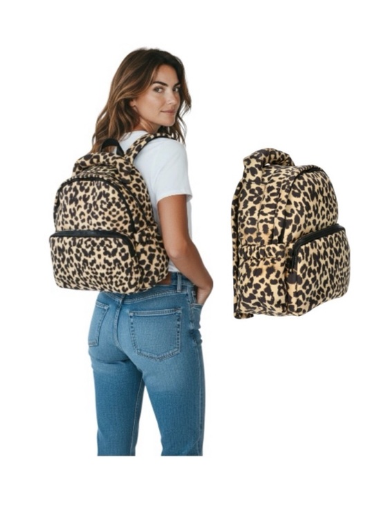No Boundaries Handbags - No Boundaries Leopard Print Hand Free Puffy Backpack - Black and Tan